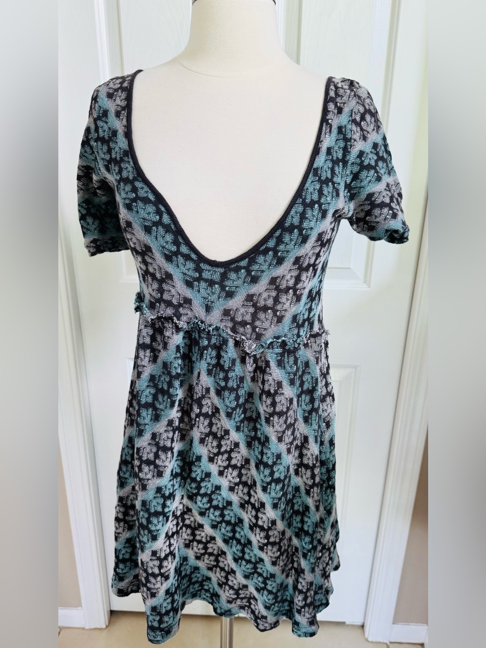 Free People Scoop Neck Short Sleeve Knit Top in Teal, Black & Gray